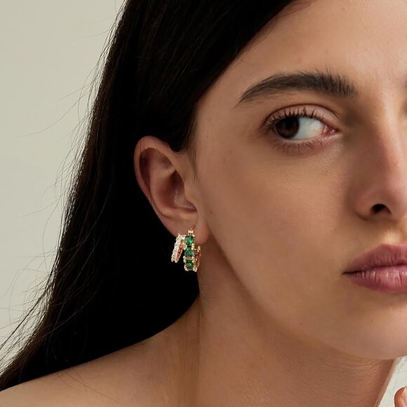 Gold Brass Double Hoop Earrings for Women 14K Gold Plated Cubic Zirconia - Picture 4 of 7